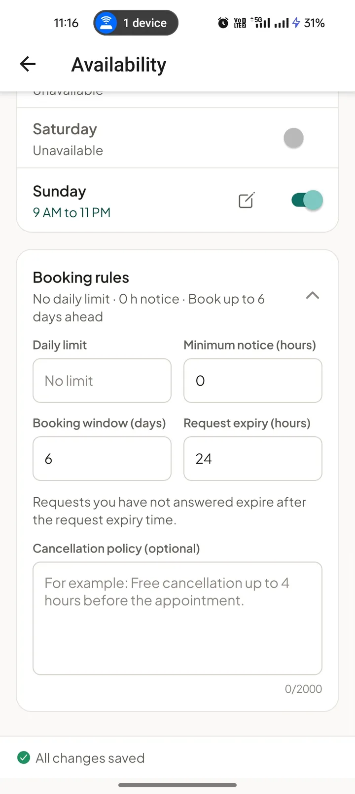 Doctor booking rules for daily limit, minimum notice, booking window and request expiry