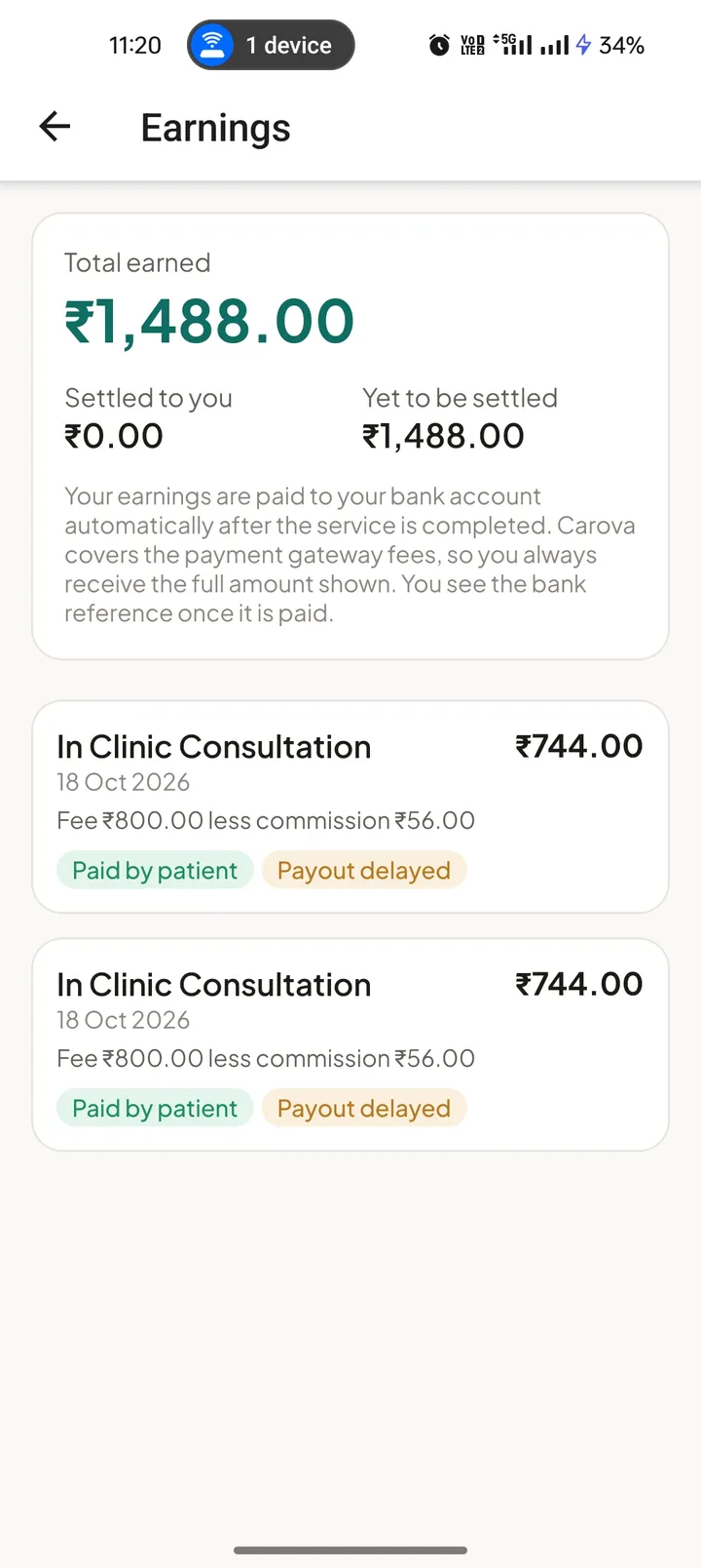 Doctor earnings screen showing total earned, amount settled and each consultation fee less commission