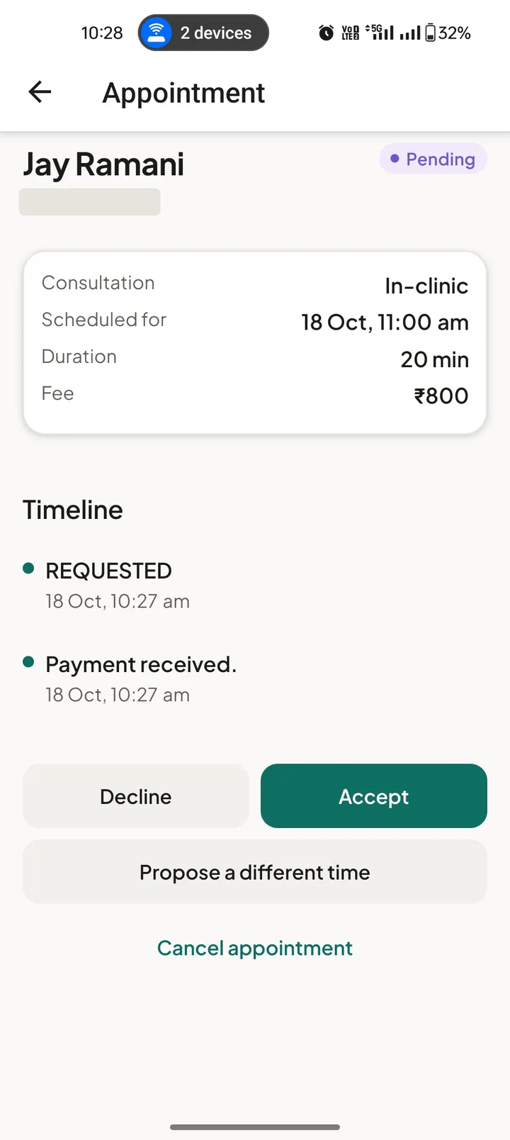 Carova Doctor showing a pending appointment request with accept, decline and propose a different time