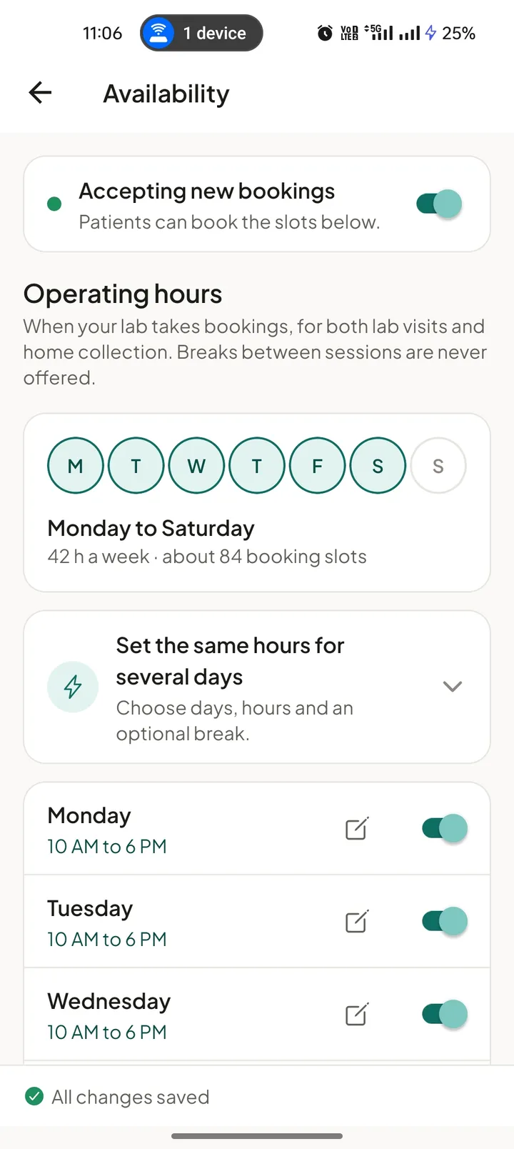 Laboratory availability with operating days, hours and an option to accept new bookings