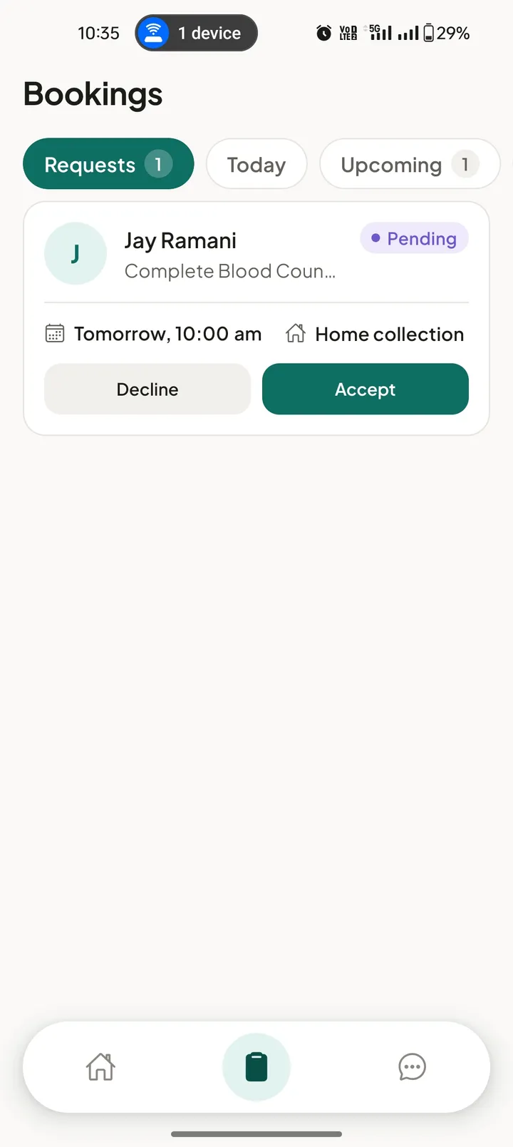 Carova Lab bookings list with a home collection request to accept or decline