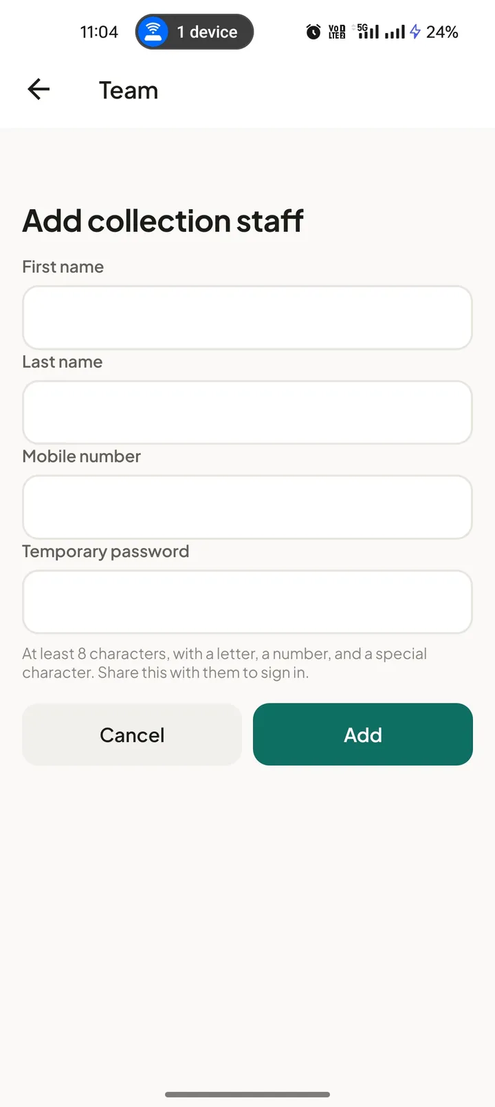 Form for adding collection staff with their own login