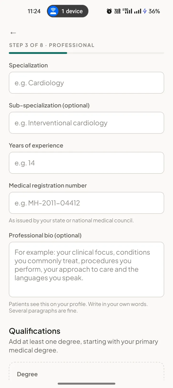 Doctor registration step for specialisation, experience and medical registration number