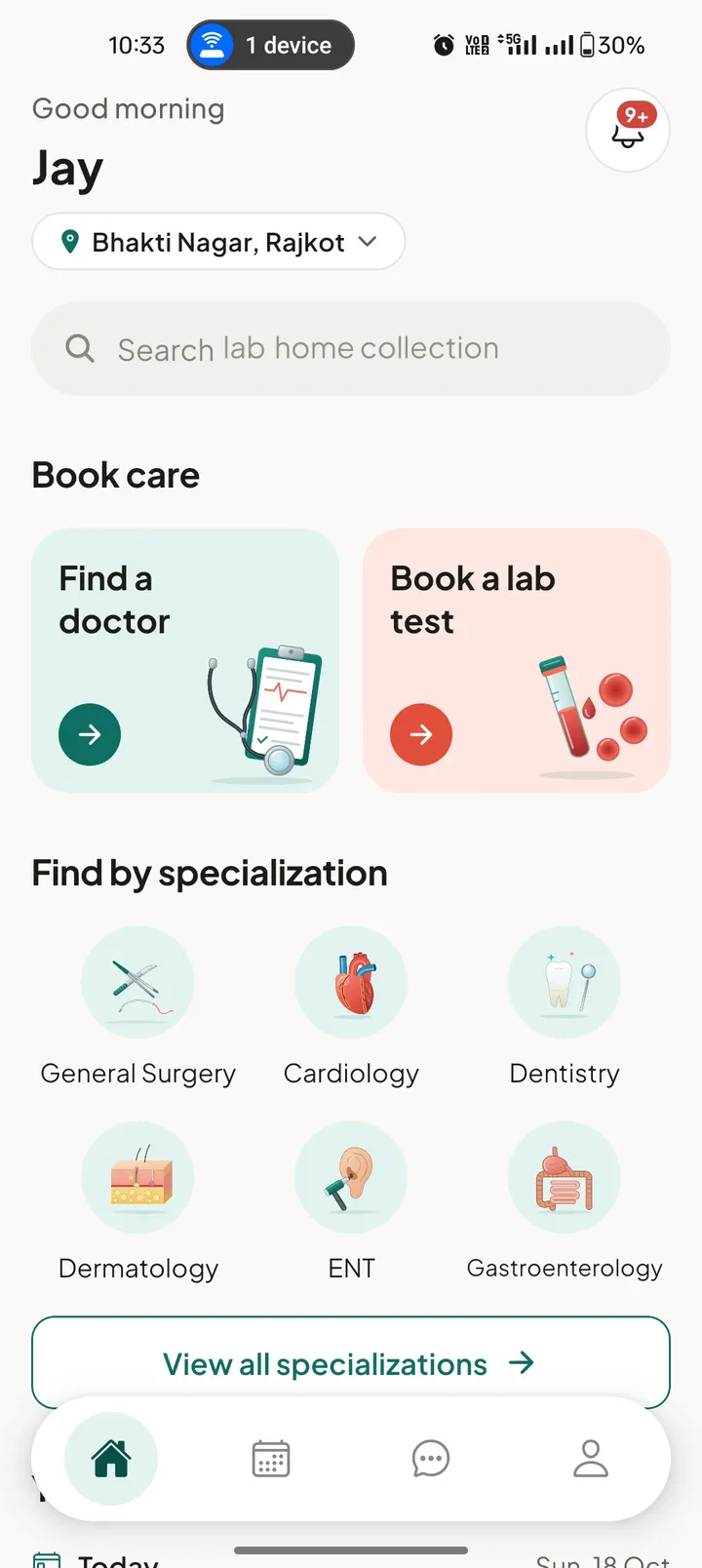 Carova patient app home screen with options to find a doctor or book a lab test, and specialities to browse