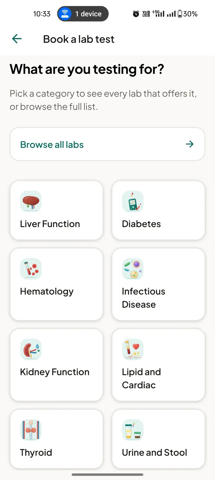Lab test categories such as liver function, diabetes, thyroid and kidney function