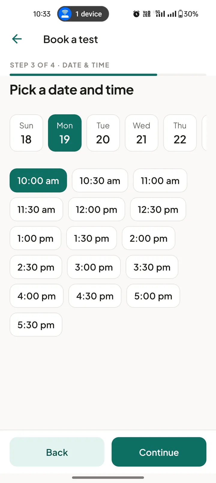 Lab booking step for picking a date and a collection time