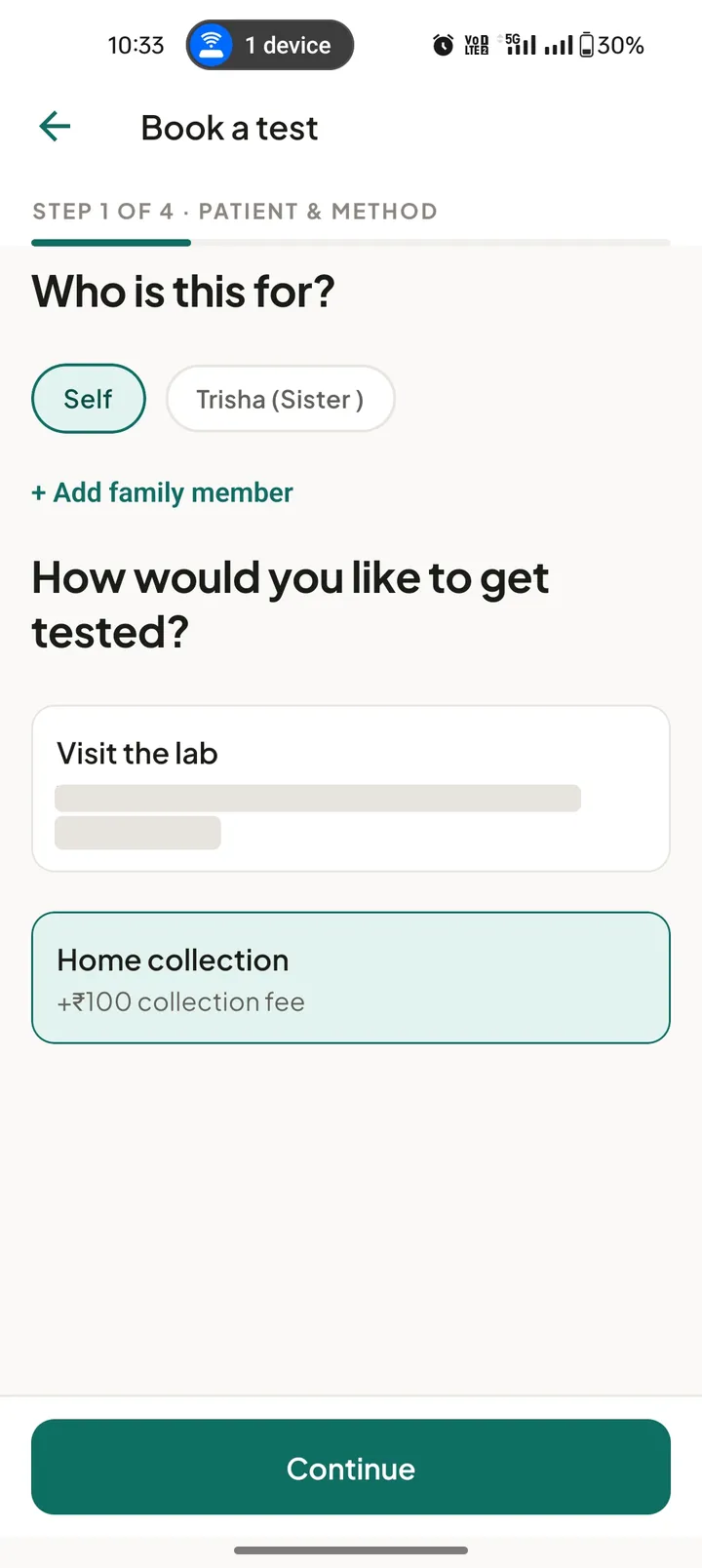 Lab booking step asking who the test is for, with self and a family member, and how to get tested
