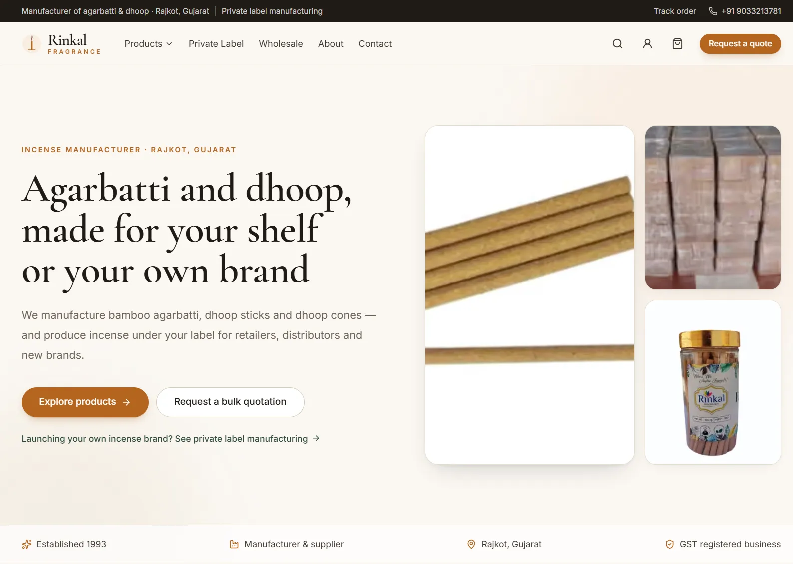 Rinkal Fragrance homepage: agarbatti and dhoop, made for your shelf or your own brand