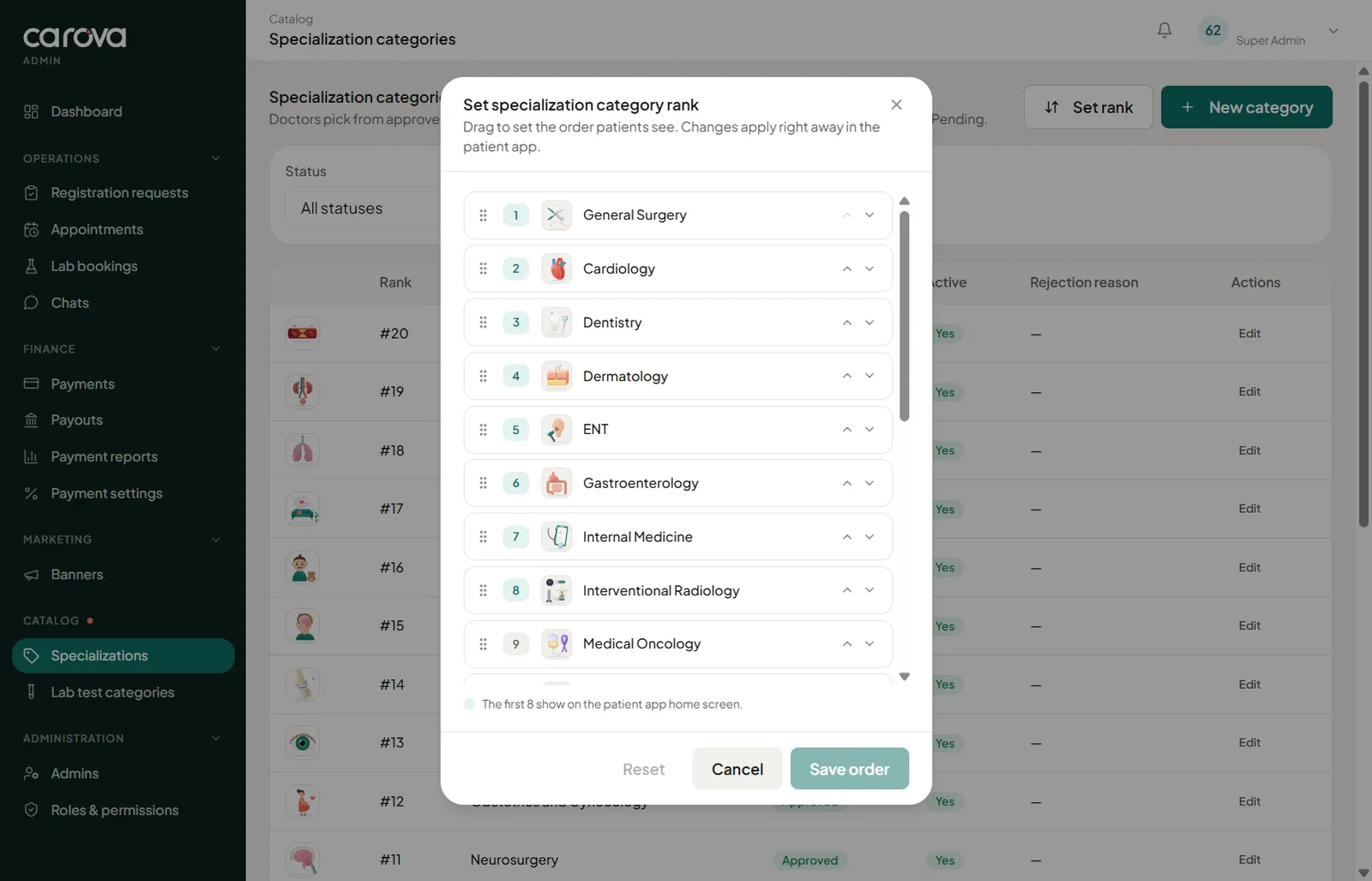 Carova admin dialog for ranking medical specialities in the order patients see them