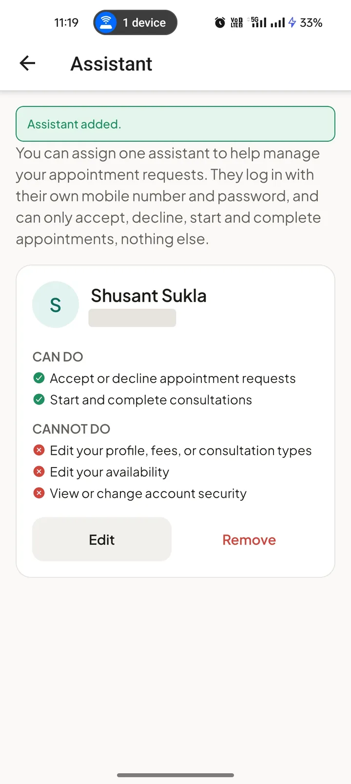 Assistant account with the actions it can and cannot perform on the doctor’s behalf