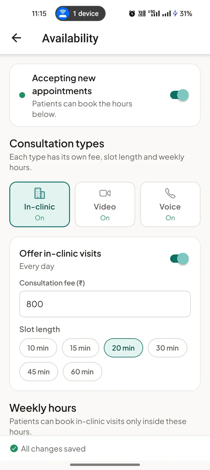 Doctor availability settings with in-clinic, video and voice consultation types, fee and slot length
