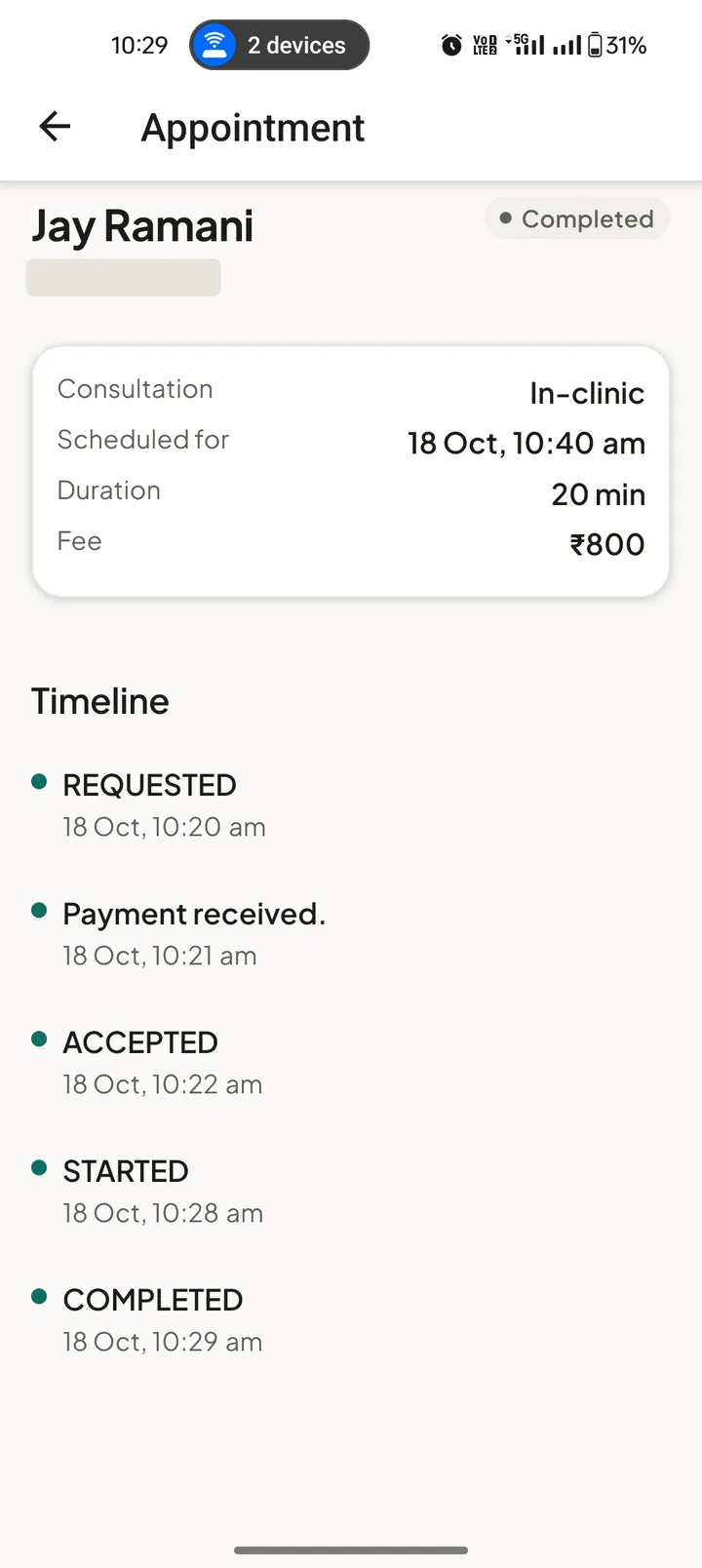 Completed appointment with a timeline of requested, payment received, accepted, started and completed