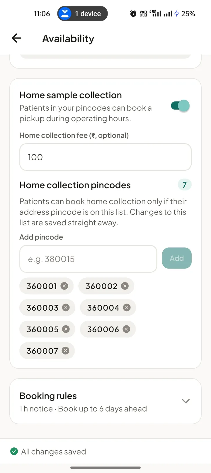 Home sample collection settings with a collection fee and the pincodes the lab serves