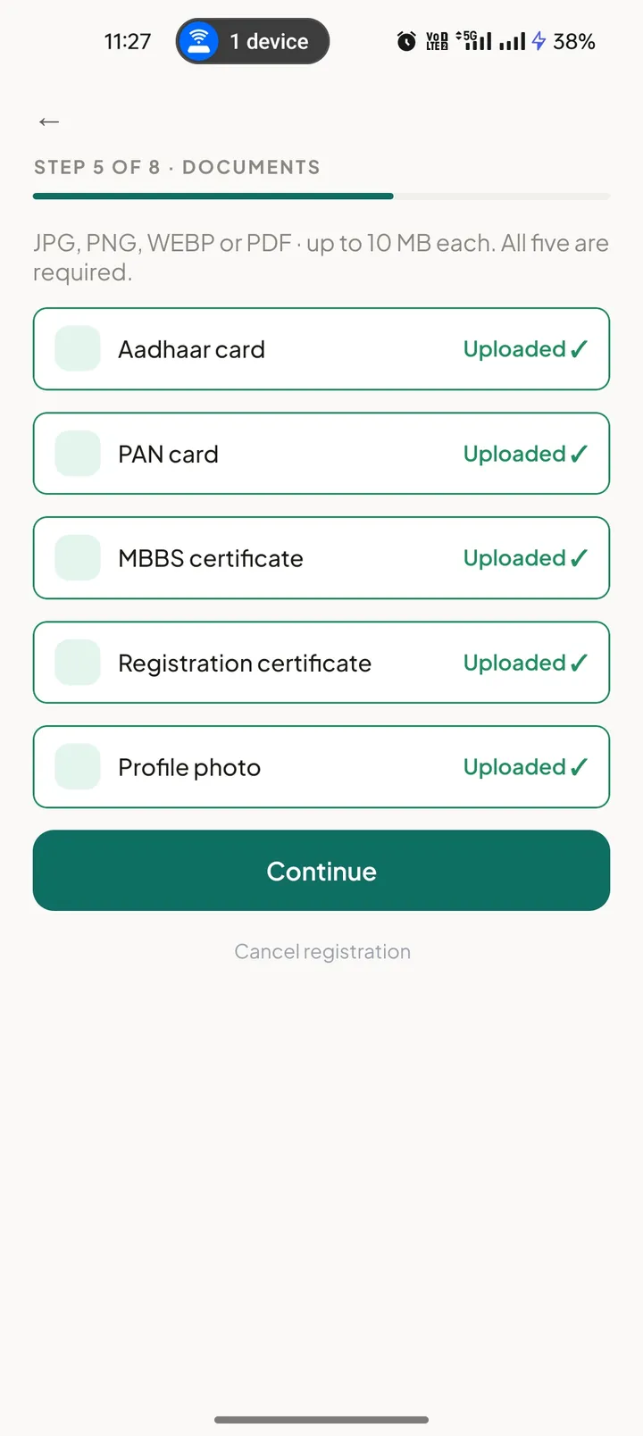 Doctor registration step with identity, degree and registration documents uploaded