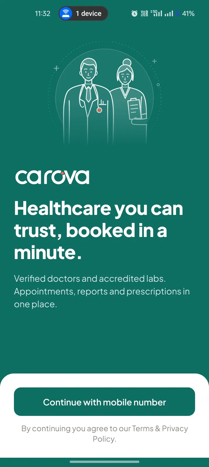 Carova patient app welcome screen: healthcare you can trust, booked in a minute