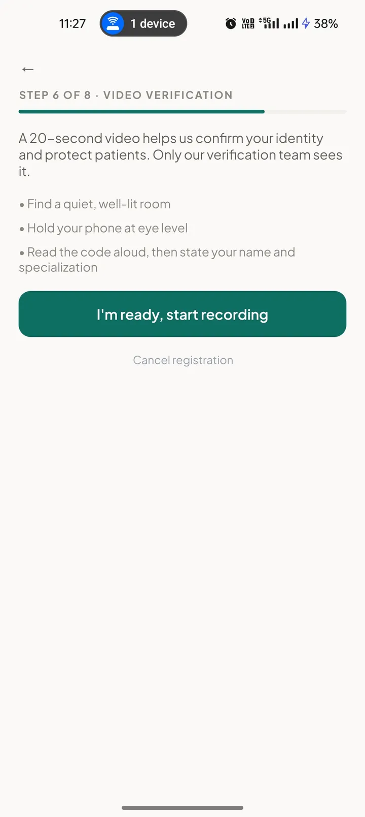 Video verification step explaining the 20-second identity video