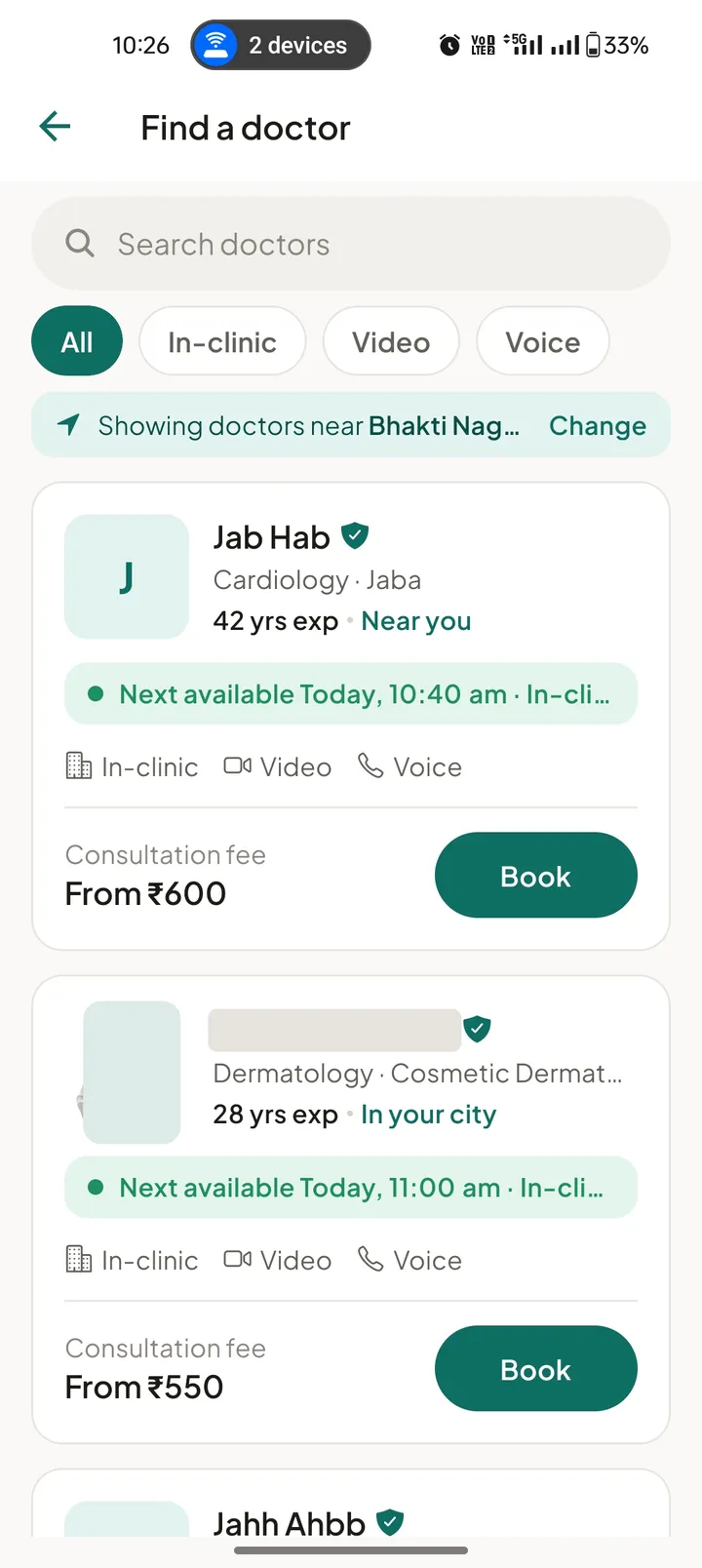 List of doctors filtered by in-clinic, video or voice consultation, each showing next available time and fee