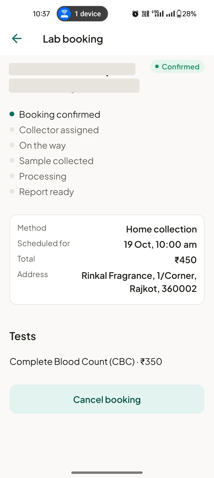 Confirmed home collection booking with progress from booking confirmed to report ready