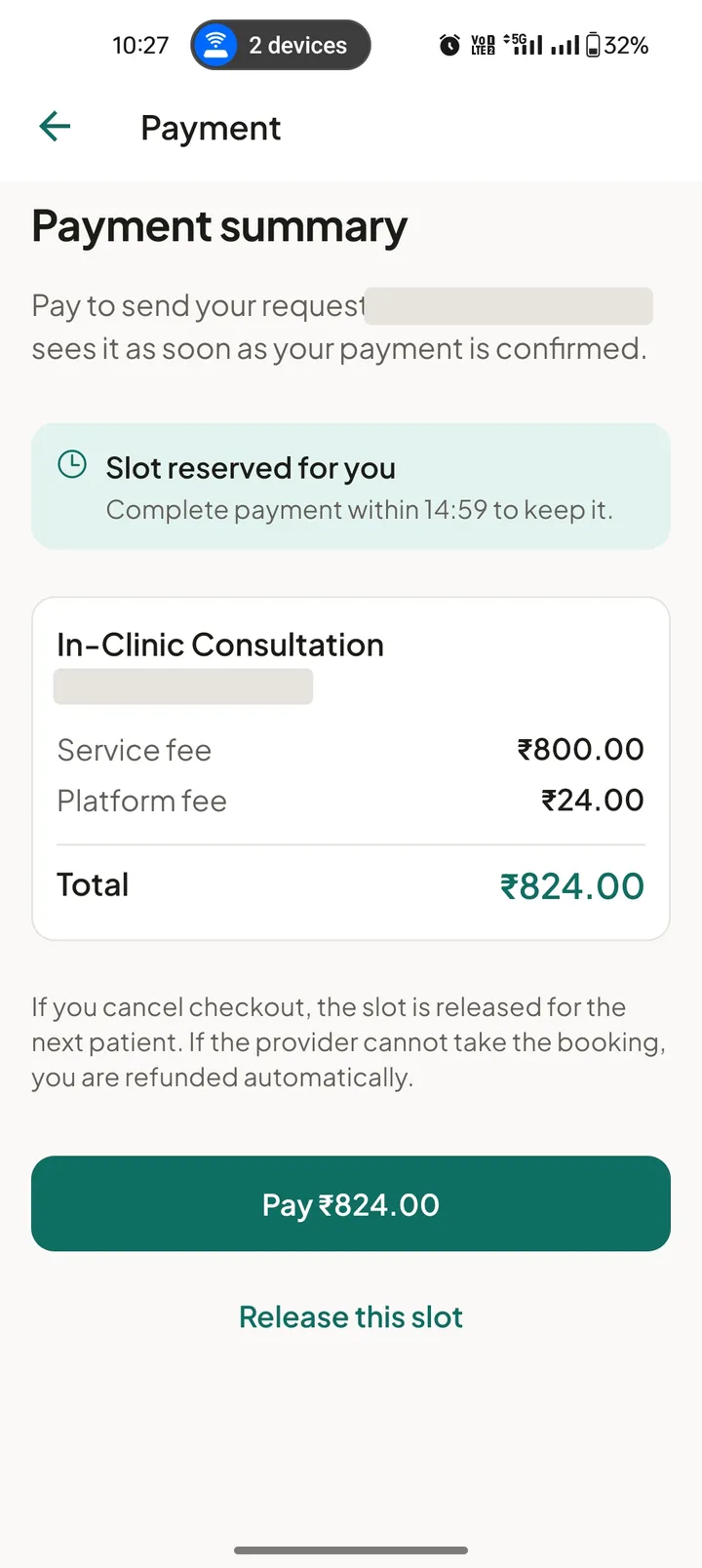 Payment summary with the slot reserved during checkout, an itemised service fee and platform fee