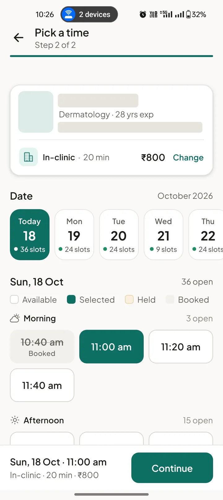 Slot picker showing dates, and morning times marked as available, selected, held or booked
