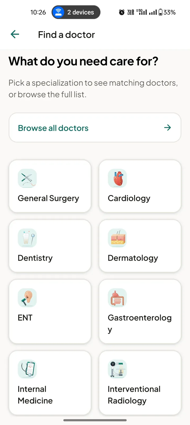 Carova patient app asking what the patient needs care for, with a grid of medical specialities