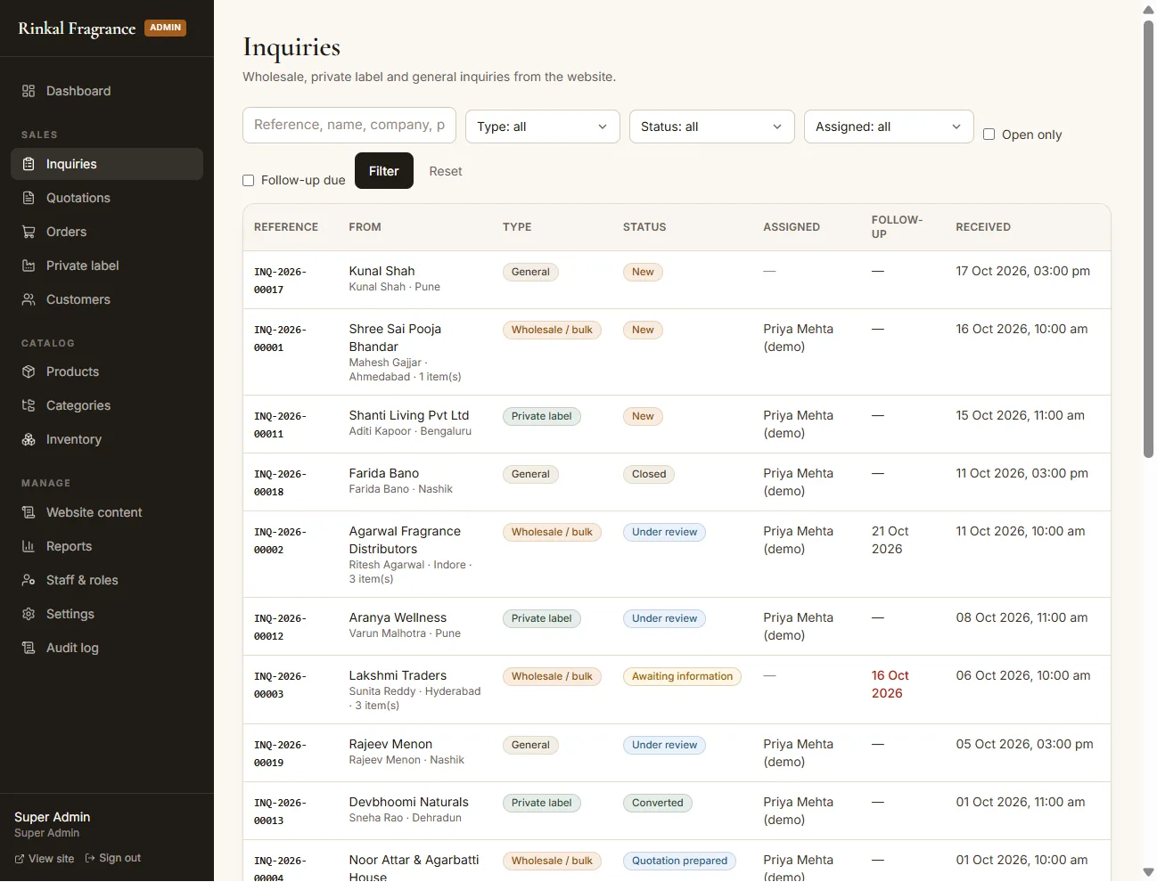 Admin inquiries list with reference numbers, inquiry type, status, assignee and follow-up date