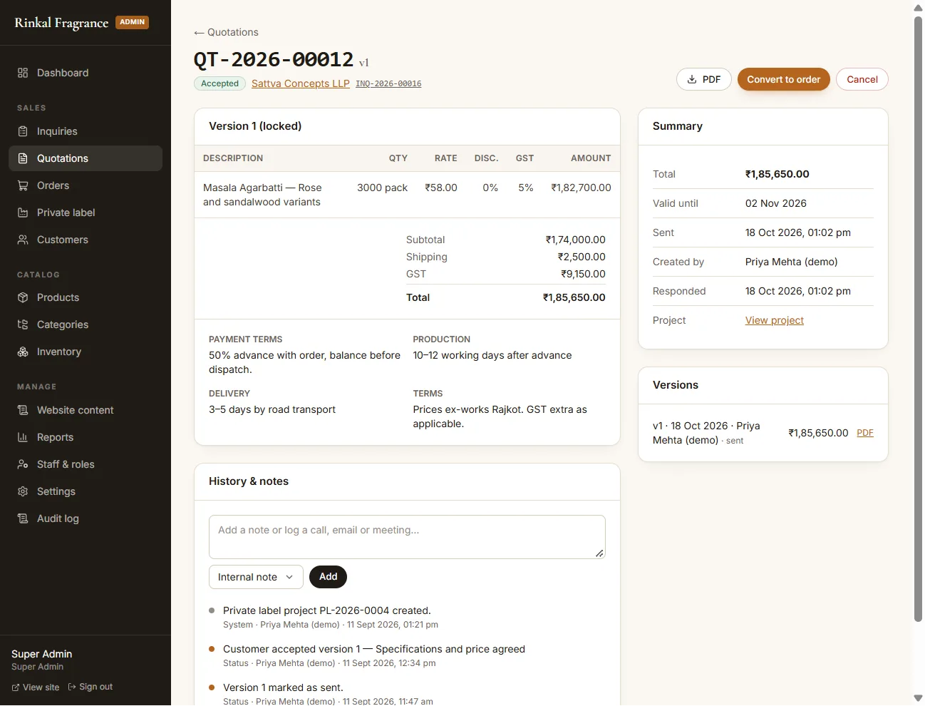 Versioned quotation with line items, GST, payment terms, PDF export and convert to order