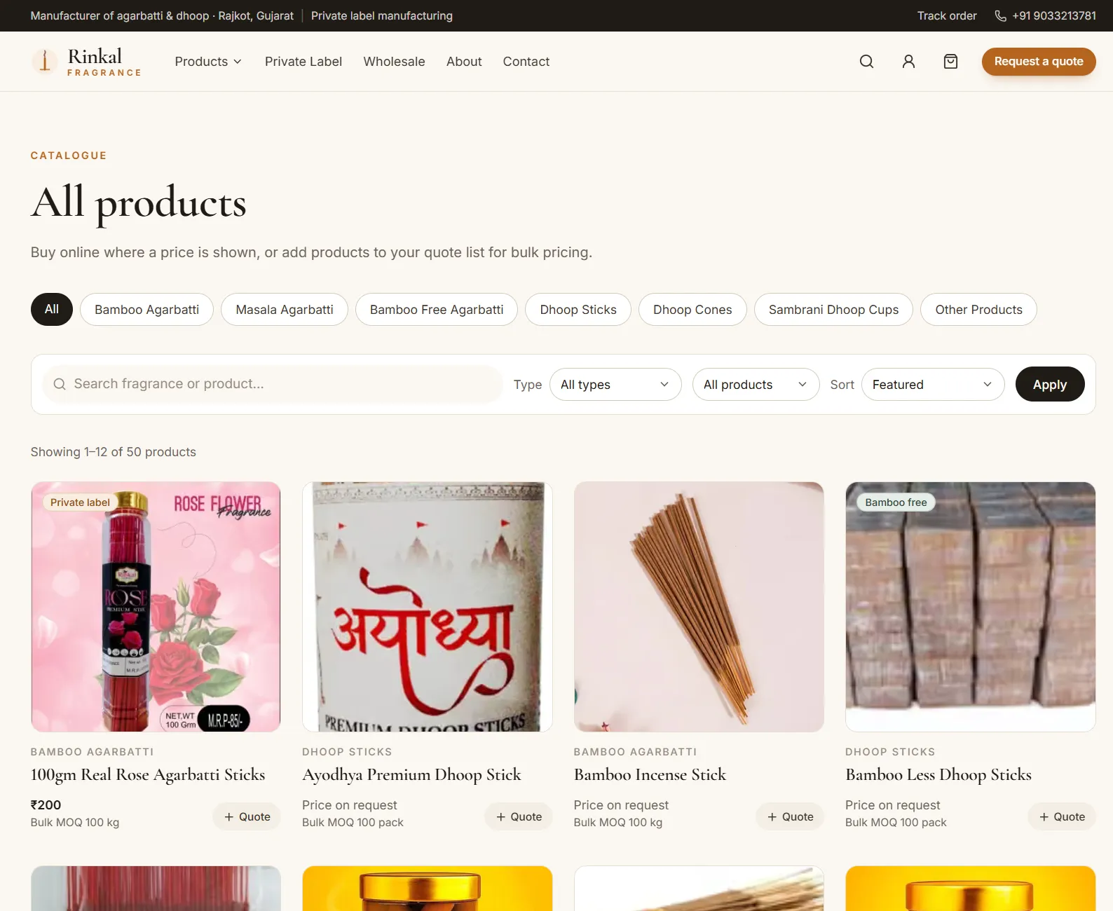 Rinkal Fragrance catalogue with category filters, search and products showing price or bulk minimum order