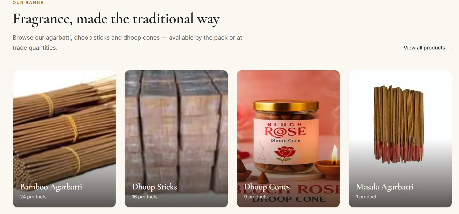 Product range on the Rinkal Fragrance homepage: bamboo agarbatti, dhoop sticks, dhoop cones and masala agarbatti
