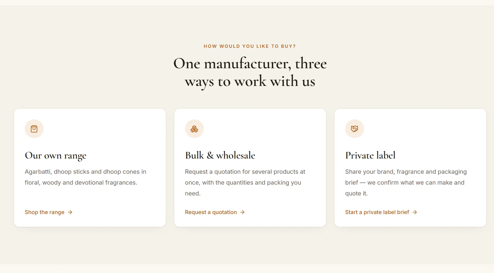 Homepage section offering three ways to buy: own range, bulk and wholesale, and private label